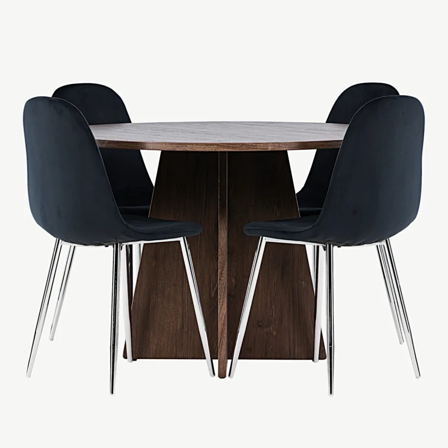 Ümmargune mokkatooniga MDF söögilauakomplekt Bootcut lauaga ja musta sametiga Polar toolidega, GR24399 – 2