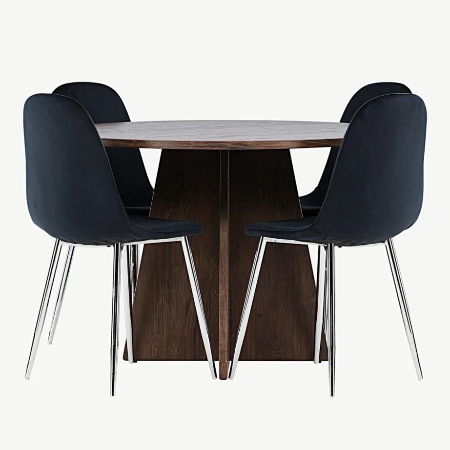 Ümmargune mokkatooniga MDF söögilauakomplekt Bootcut lauaga ja musta sametiga Polar toolidega, GR24399 – 4