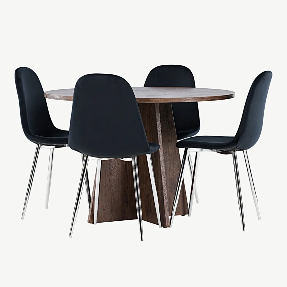 Ümmargune mokkatooniga MDF söögilauakomplekt Bootcut lauaga ja musta sametiga Polar toolidega, GR24399 – 6