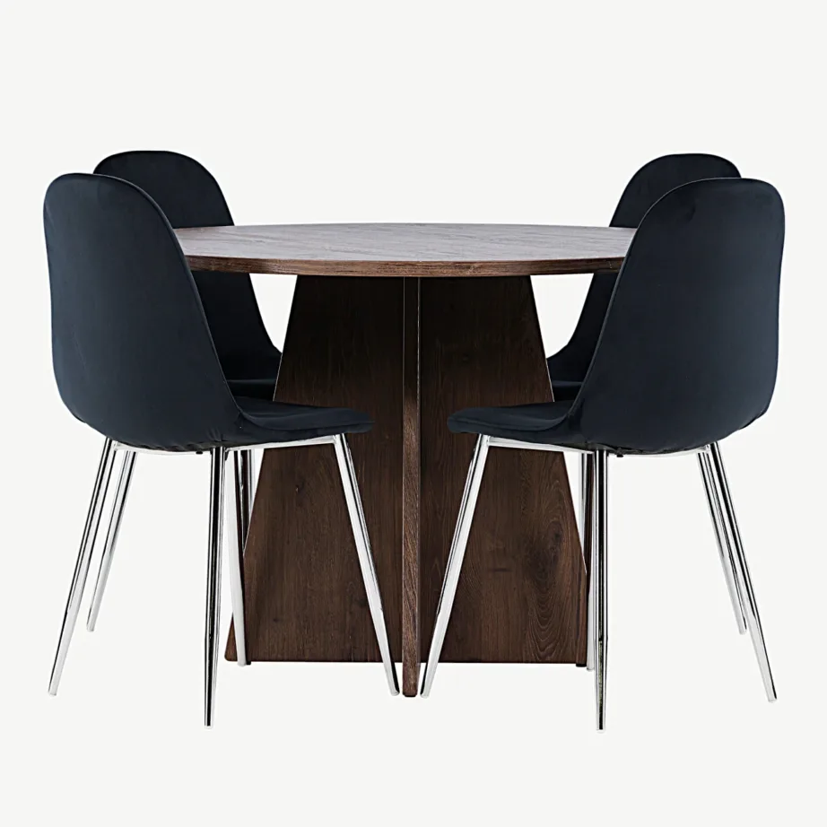 Ümmargune mokkatooniga MDF söögilauakomplekt Bootcut lauaga ja musta sametiga Polar toolidega, GR24399 – 7