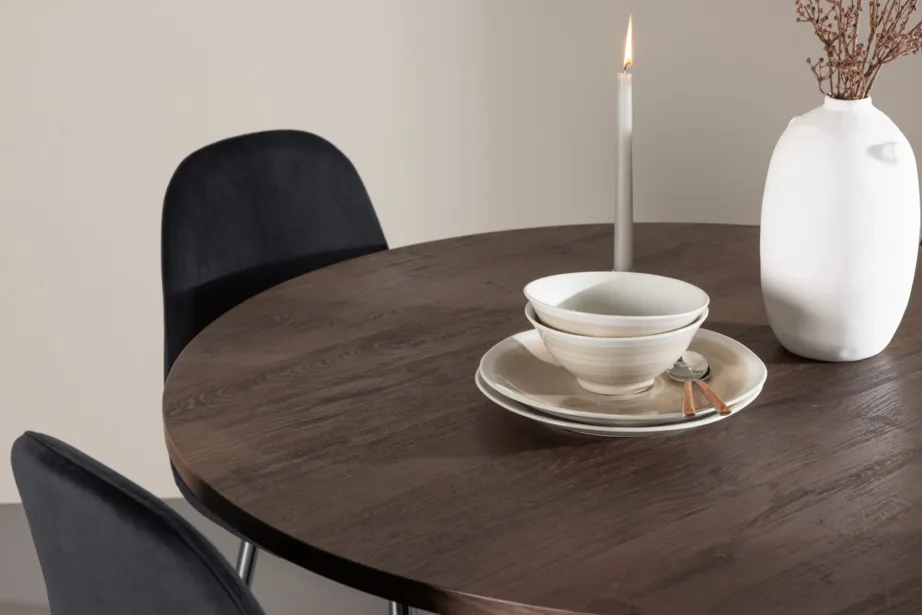 Ümmargune mokkatooniga MDF söögilauakomplekt Bootcut lauaga ja musta sametiga Polar toolidega, GR24399 – 10