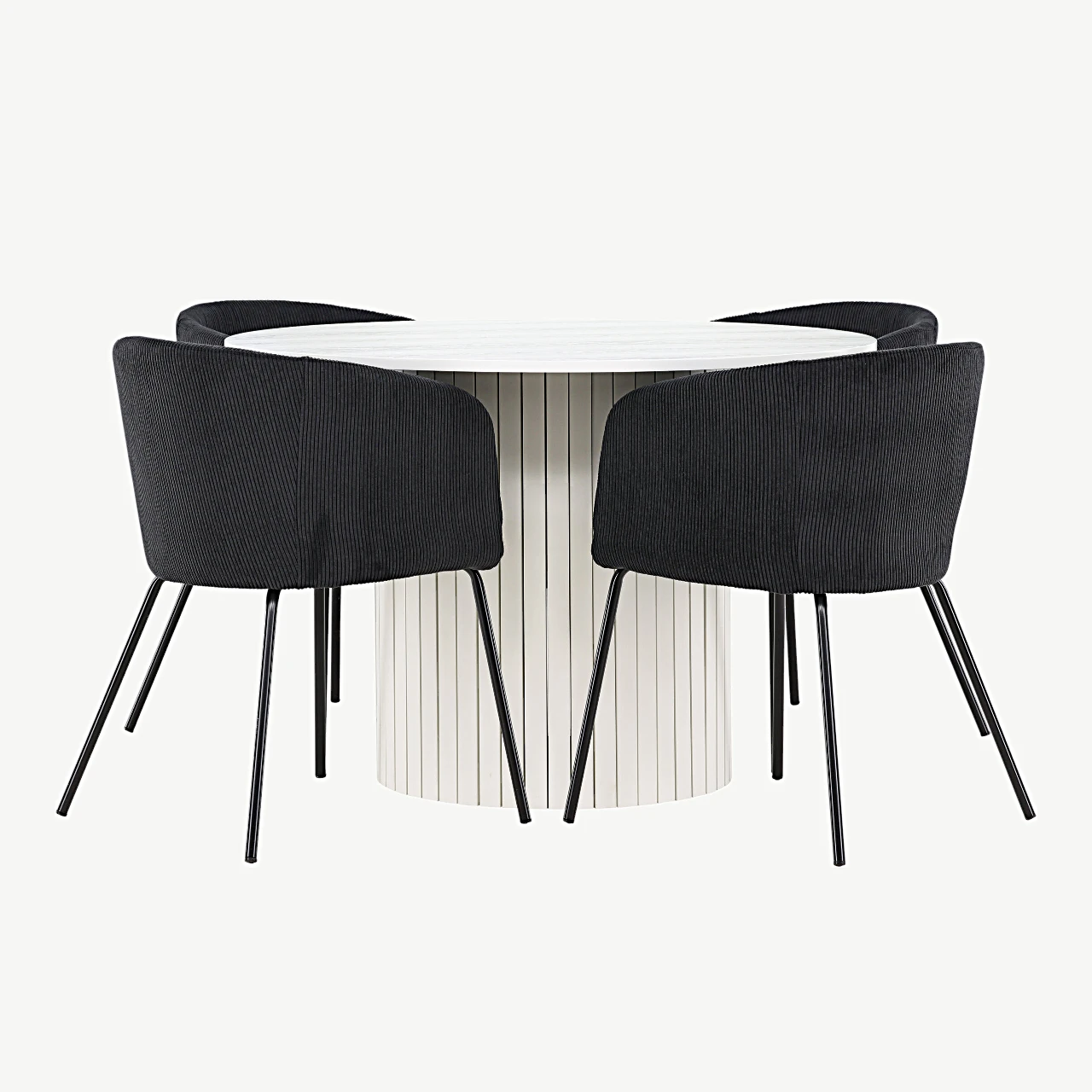 Ümmargune valge MDF söögilaud Häröni ja mustad Beriti kangast toolid - GR24417
