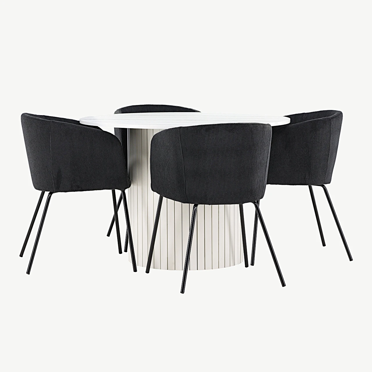 Ümmargune valge MDF söögilaud Häröni ja mustad Beriti kangast toolid - GR24417