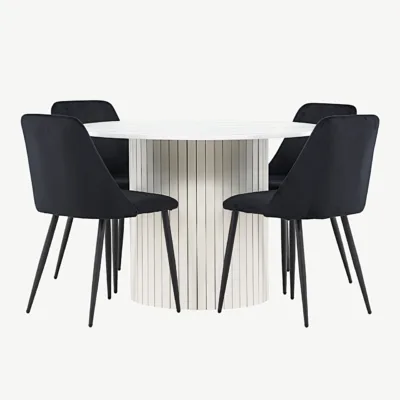 Ümmargune valge MDF söögilaud Häröni ja mustad sametist söögitoolid Night - GR24418