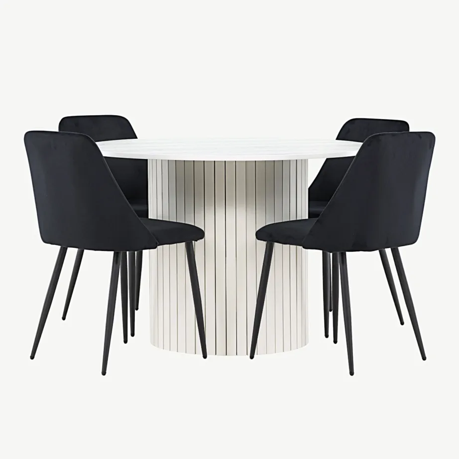 Ümmargune valge MDF söögilaud Häröni ja mustad sametist söögitoolid Night, GR24418