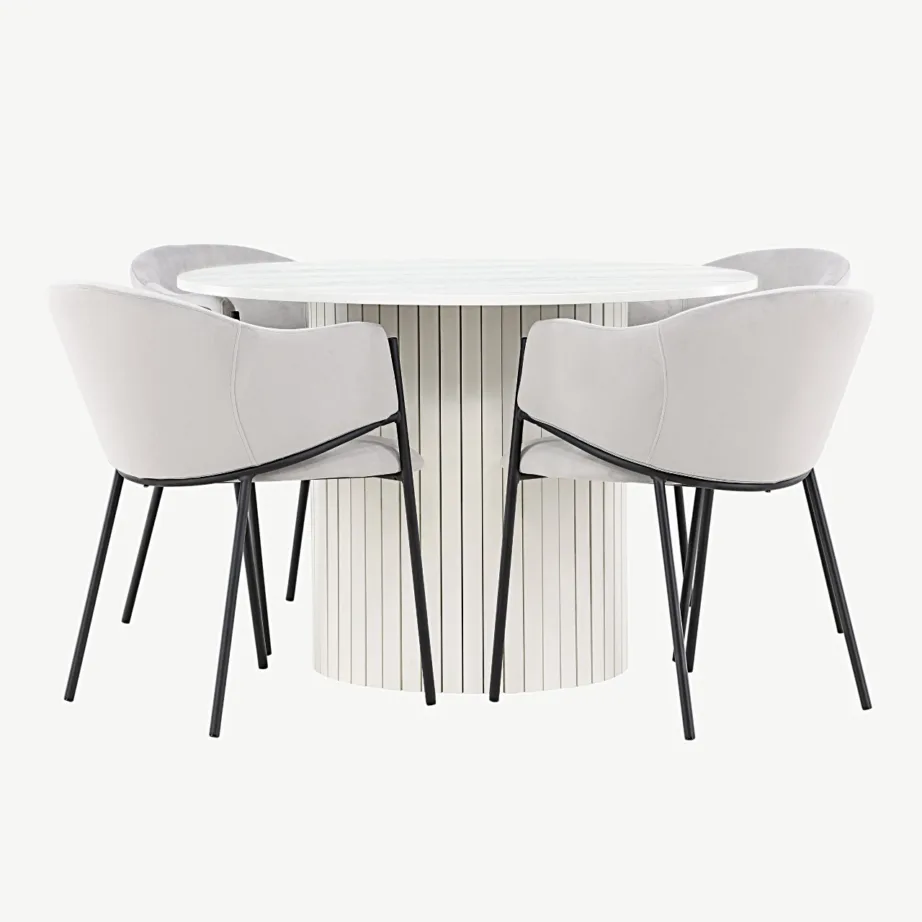 Ümmargune valge MDF-söögilaud Häröni ja hallid sametist söögitoolid Evelina, GR24421 – 2