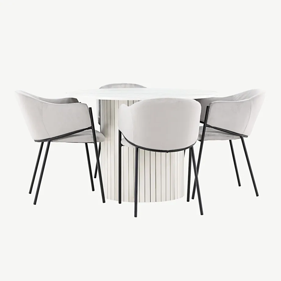 Ümmargune valge MDF-söögilaud Häröni ja hallid sametist söögitoolid Evelina, GR24421 – 3