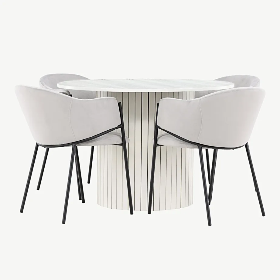 Ümmargune valge MDF-söögilaud Häröni ja hallid sametist söögitoolid Evelina, GR24421 – 4