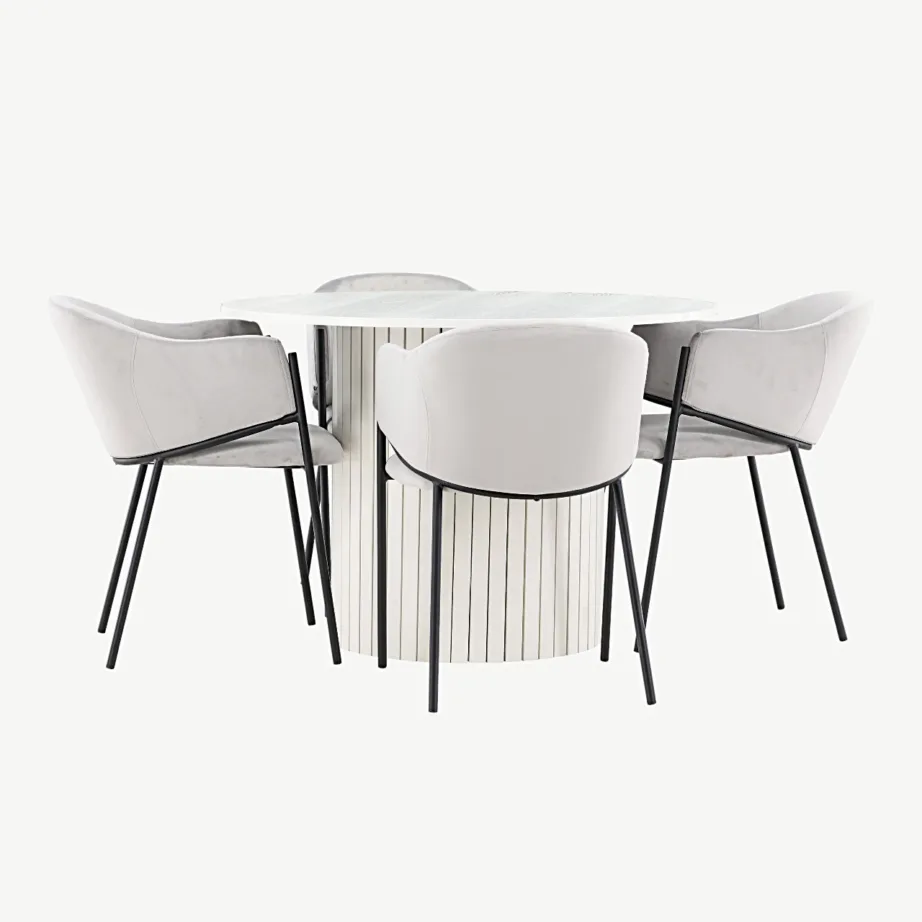 Ümmargune valge MDF-söögilaud Häröni ja hallid sametist söögitoolid Evelina, GR24421 – 5