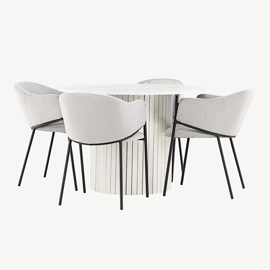 Ümmargune valge MDF-söögilaud Häröni ja hallid sametist söögitoolid Evelina, GR24421 – 6