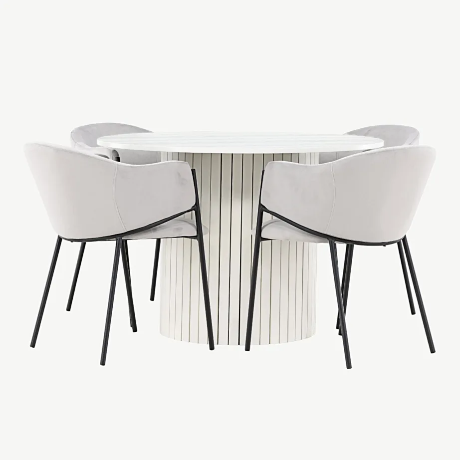 Ümmargune valge MDF-söögilaud Häröni ja hallid sametist söögitoolid Evelina, GR24421 – 7