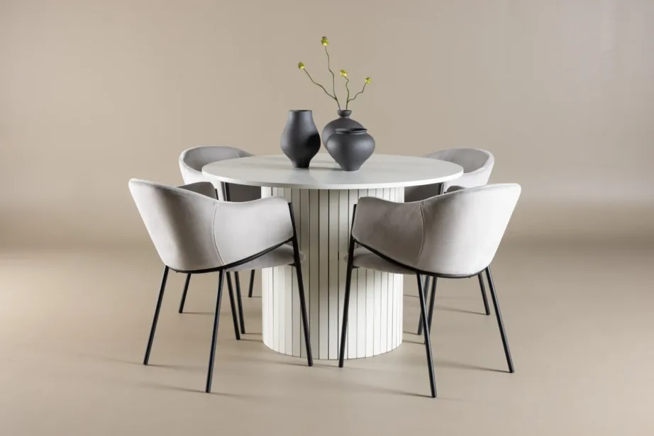 Ümmargune valge MDF-söögilaud Häröni ja hallid sametist söögitoolid Evelina, GR24421 – 8