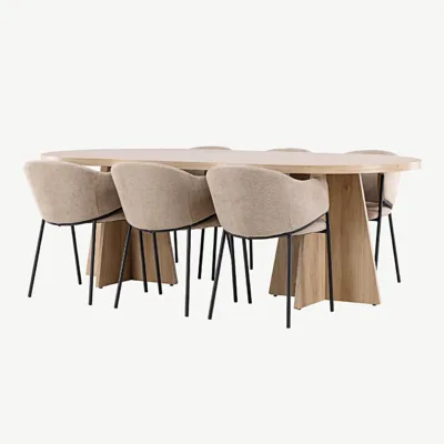 Bootcut ovaalne söögilauakomplekt (looduslik MDF) ja Evelina beežid kangast söögitoolid (terasraam) - GR24556