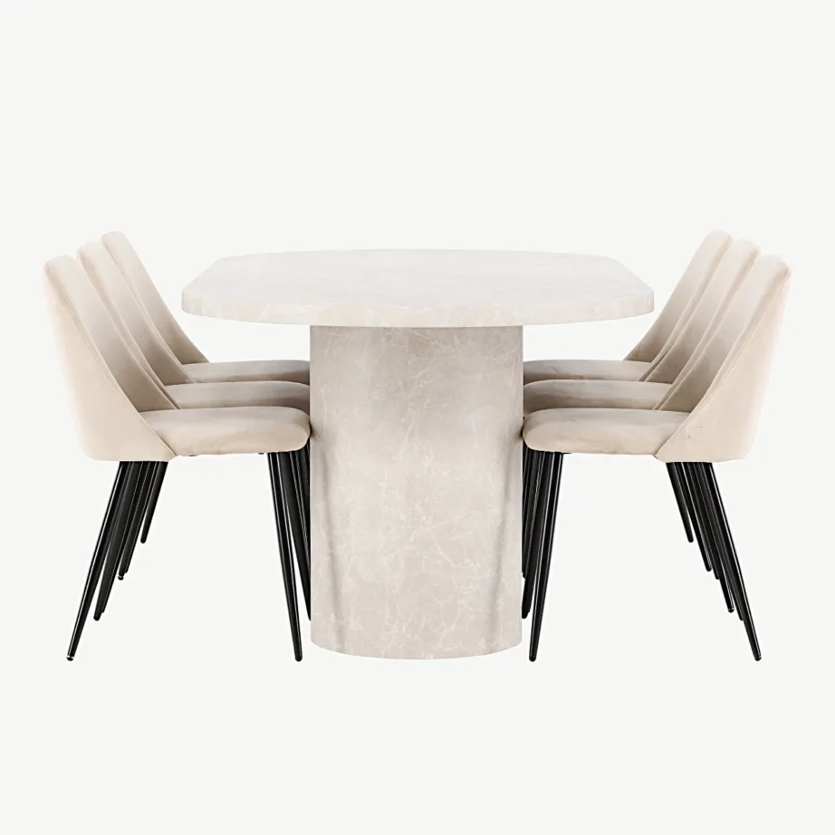 Ovaalne beež marmorimustriga söögilaud Narvik ja 6 Night sametist tooli mustade jalgadega, GR24709 – 4
