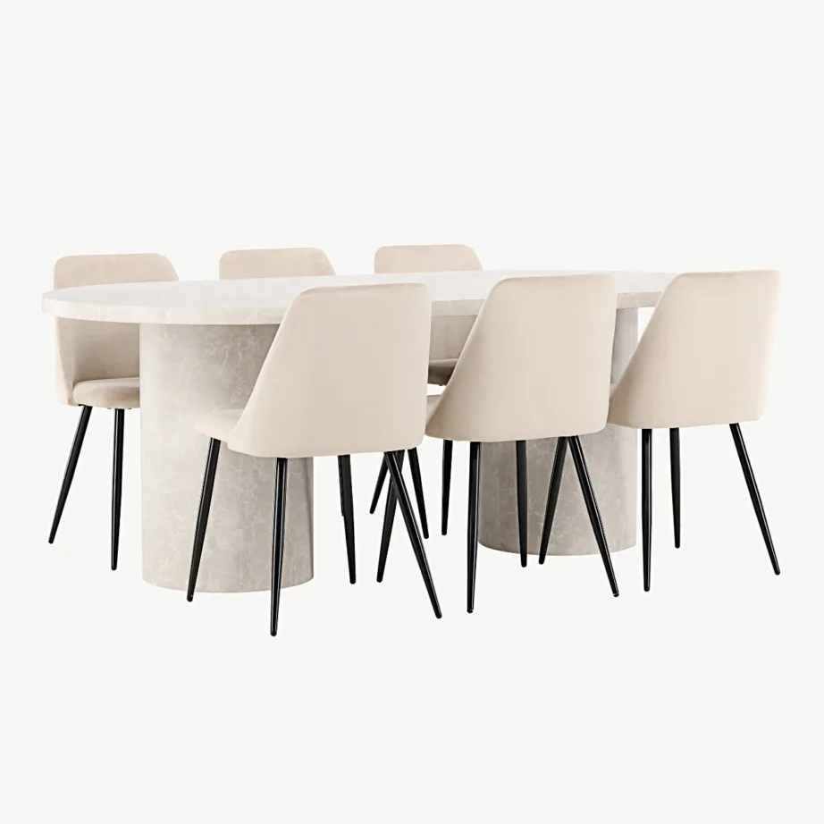 Ovaalne beež marmorimustriga söögilaud Narvik ja 6 Night sametist tooli mustade jalgadega, GR24709 – 6