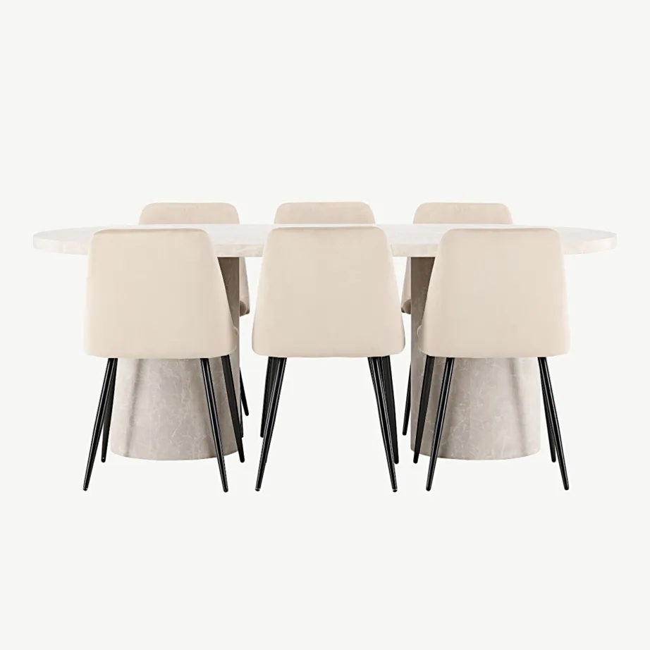 Ovaalne beež marmorimustriga söögilaud Narvik ja 6 Night sametist tooli mustade jalgadega, GR24709 – 7