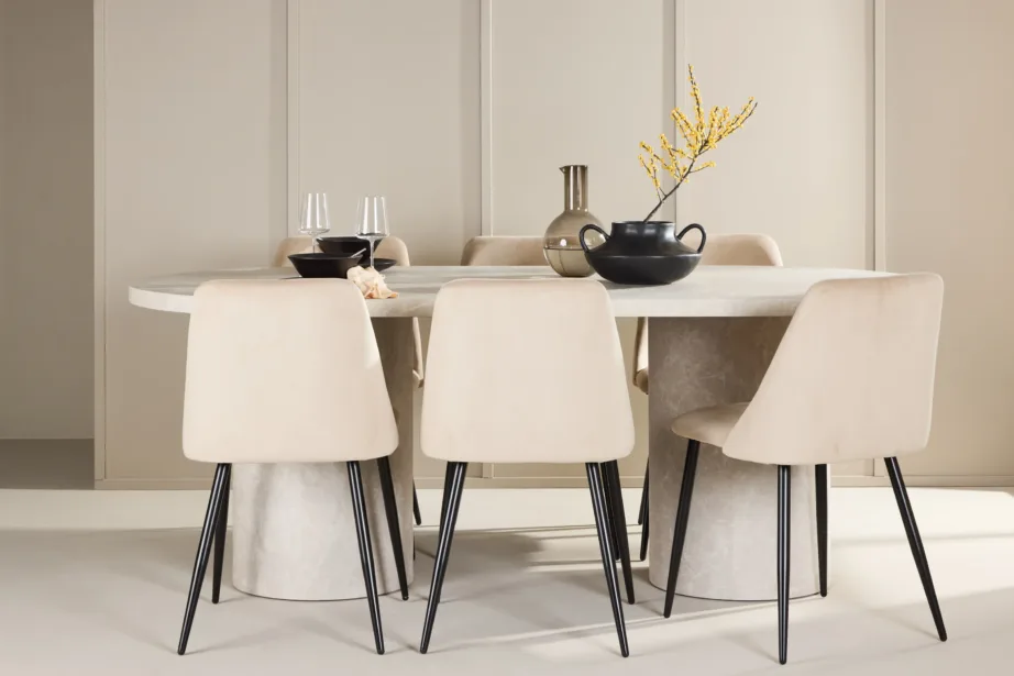 Ovaalne beež marmorimustriga söögilaud Narvik ja 6 Night sametist tooli mustade jalgadega, GR24709 – 8