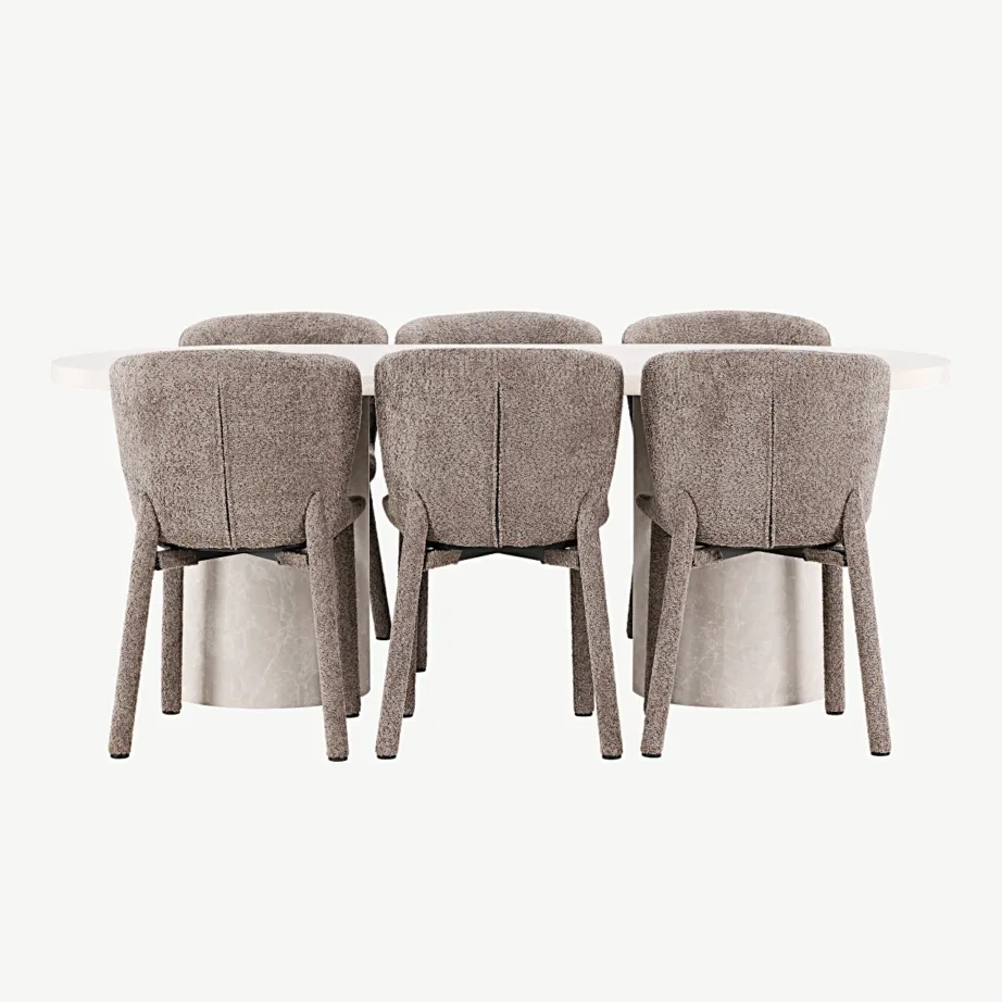 Söögilaud Narvik beeži marmormustriga (200×100 cm) ja 6 pruunist bukleest Astoria tooli, GR24710 – 7