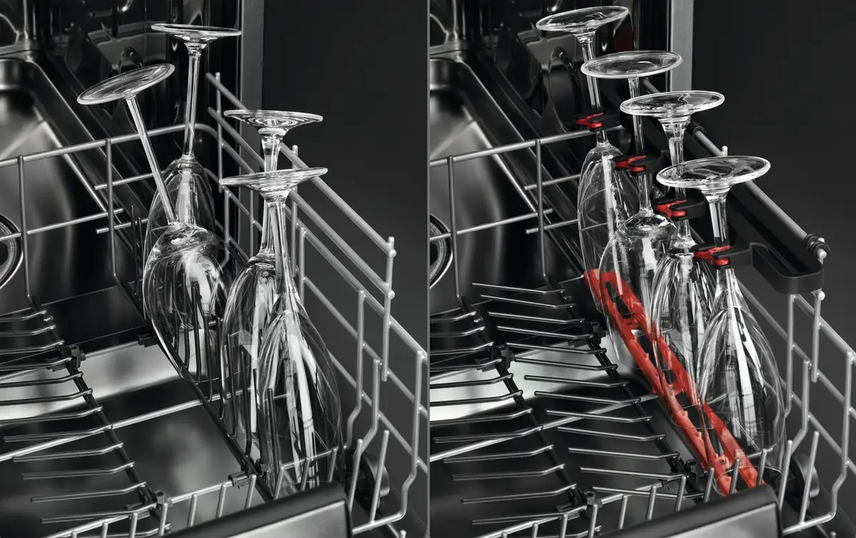 AEG GlassCare süsteem SoftGrips ja SoftSpikes klaaside kindlaks kinnitamiseks alumises korvis