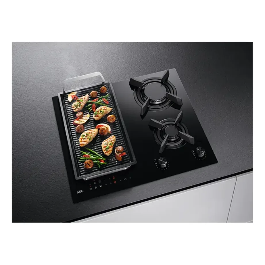 Gaasi- ja induktsioonpliidiplaat AEG HDB64623NB, 60 cm, 4 tsooni, klaaskeraamika, must, puutejuhtimine ja nupud, malmist pannitoed, taimer, lapselukk – 2