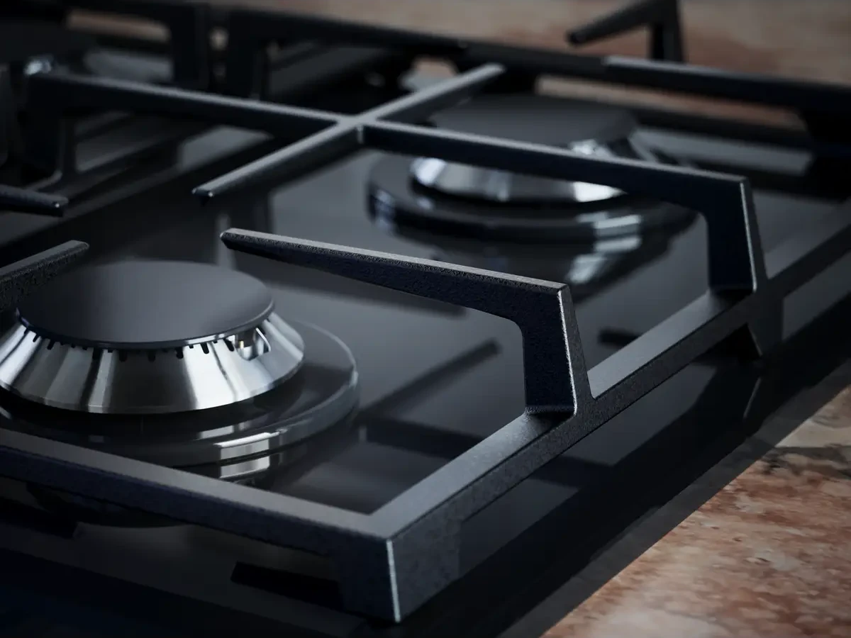 Malmist pannirestid AEG gaasipliidiplaadil annavad stabiilsuse ja professionaalse välimuse