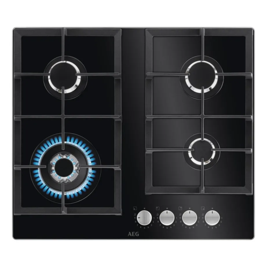 60 cm gaasipliidiplaat StepPower juhtimisega AEG HKB64420NB, karastatud klaas, 4 keeduala, wok-põleti, malmist pannitoed, must