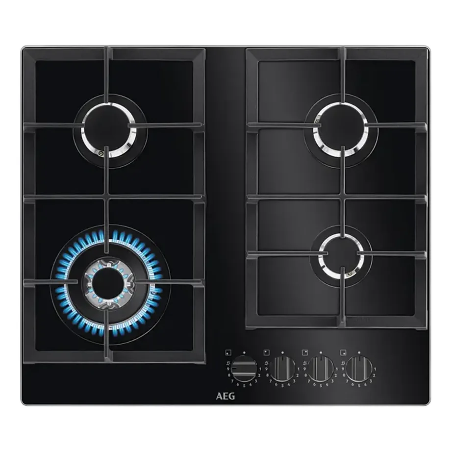 60 cm gaasipliidiplaat StepPower juhtimisega AEG HKB64420NB, karastatud klaas, 4 keeduala, wok-põleti, malmist pannitoed, must – 2
