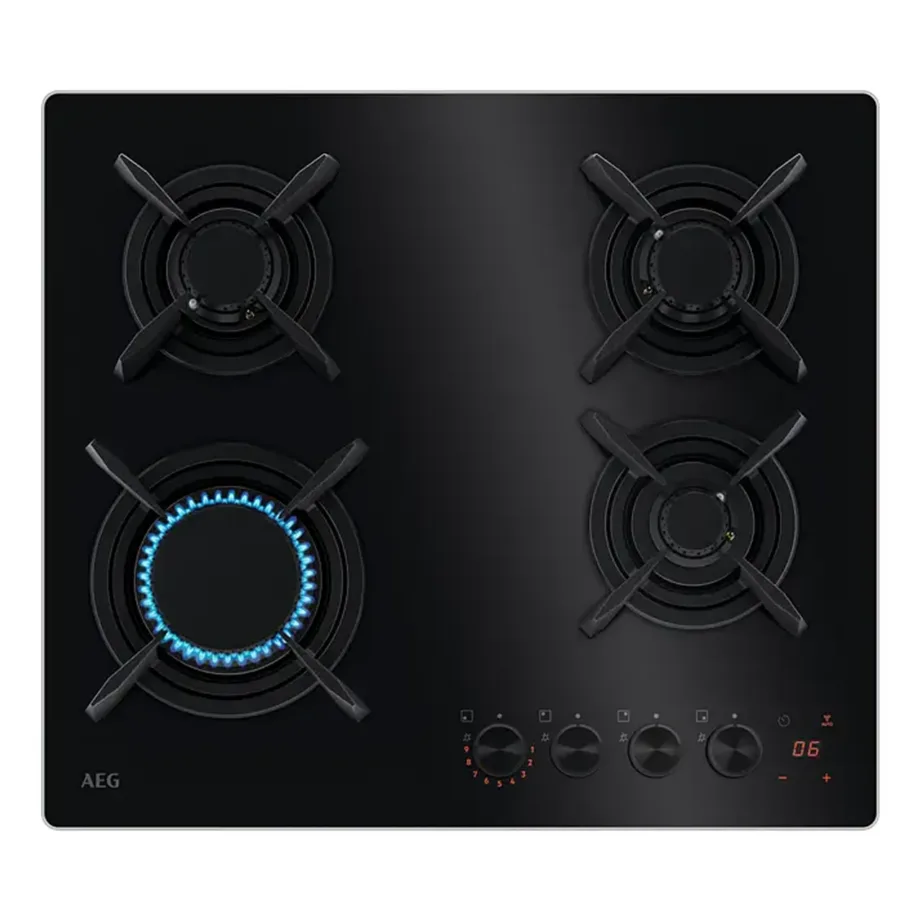 60 cm gaasipliidiplaat LED-näidikutega AEG HKB64453NB, 4 keeduala, karastatud must klaas, malmist pannitoed, StepPower, Hob2Hood, taimer, leegiandur, LPG düüsid, 8600 W – 3
