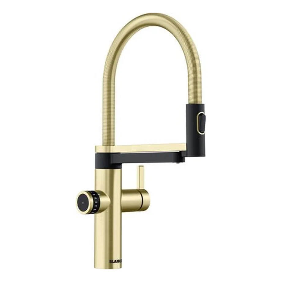 3-ühes köögisegisti veefiltriga BLANCO EVOL-S PRO FILTER Satin Gold HD, roostevaba teras, satiinkuldne harjatud viimistlus, väljatõmmatav voolik ja kahejoaline dušš, elektritoitega
