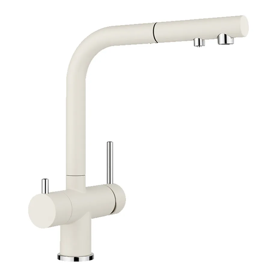 3-ühes veefiltriga köögisegisti BLANCO FONTAS-S II, väljatõmmatava voolikuga, Silgranit Soft white pind, kõrgsurve, eraldi filtreeritud vee juhtimine