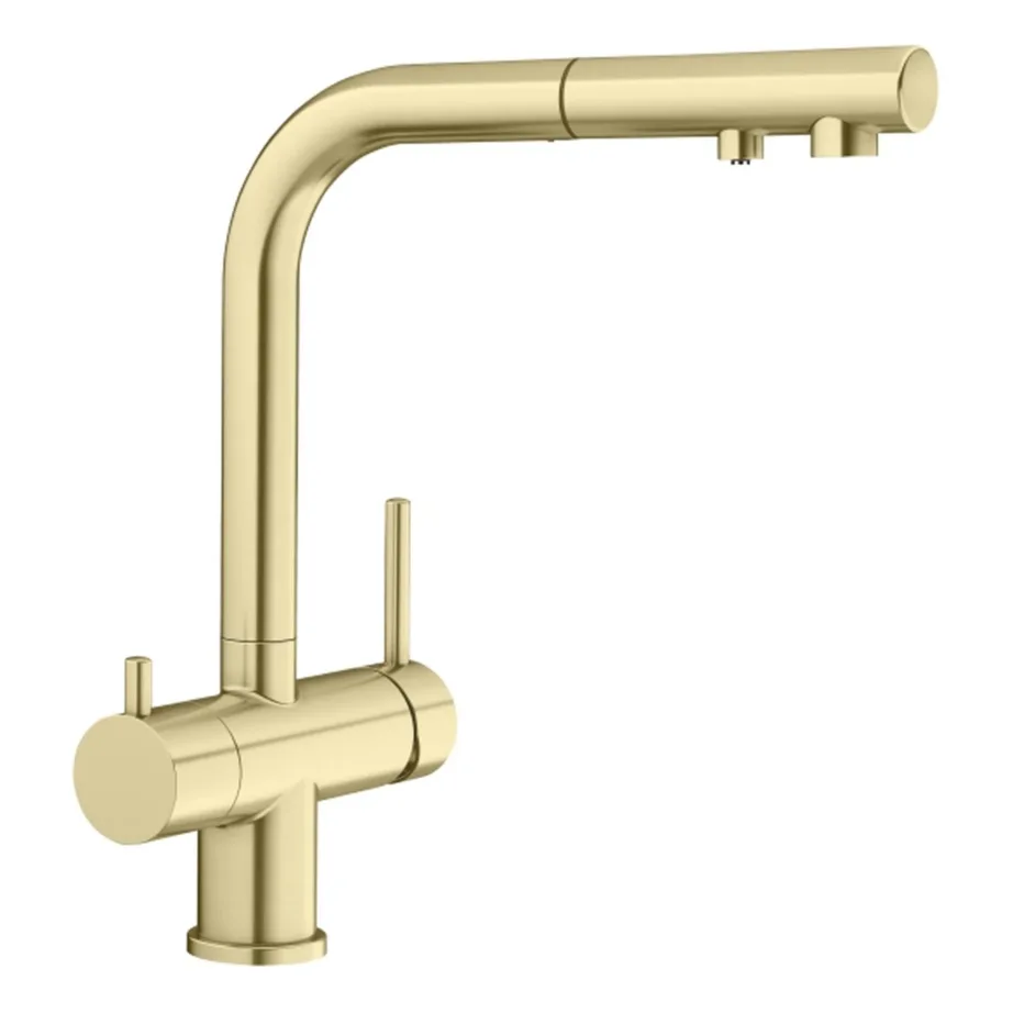 3in1 köögisegisti filtreeritud veega BLANCO FONTAS-S II Satin Gold HD, väljatõmmatav voolik, eraldi filtreeritud vee juhtimine, kõrgsurve, satiinkuldne viimistlus