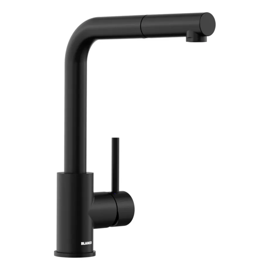 Köögisegisti väljatõmmatava voolikuga BLANCO MILA-S Black matt HD, must matt viimistlus, kõrgsurve, pööratav väljavool, üksauguline paigaldus