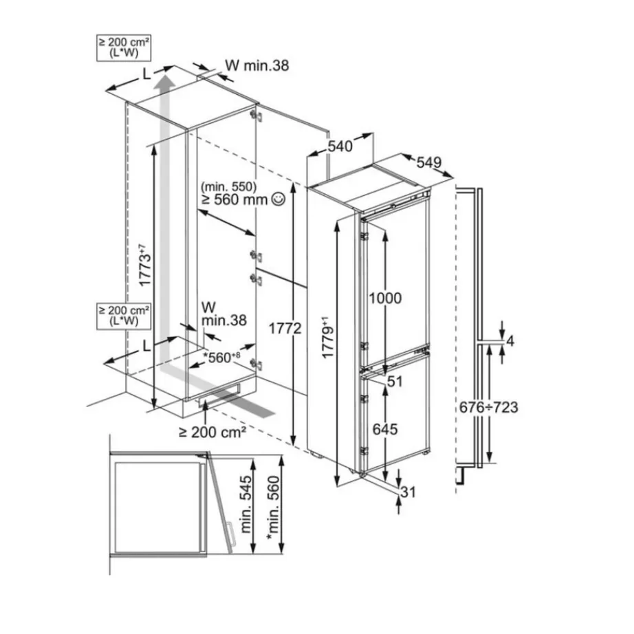 Integreeritav No Frost külmik alumise sügavkülmaga ELECTROLUX E8MNCD18S, 192+61 l, 177.2 cm, D-klassi, liughinged – 2