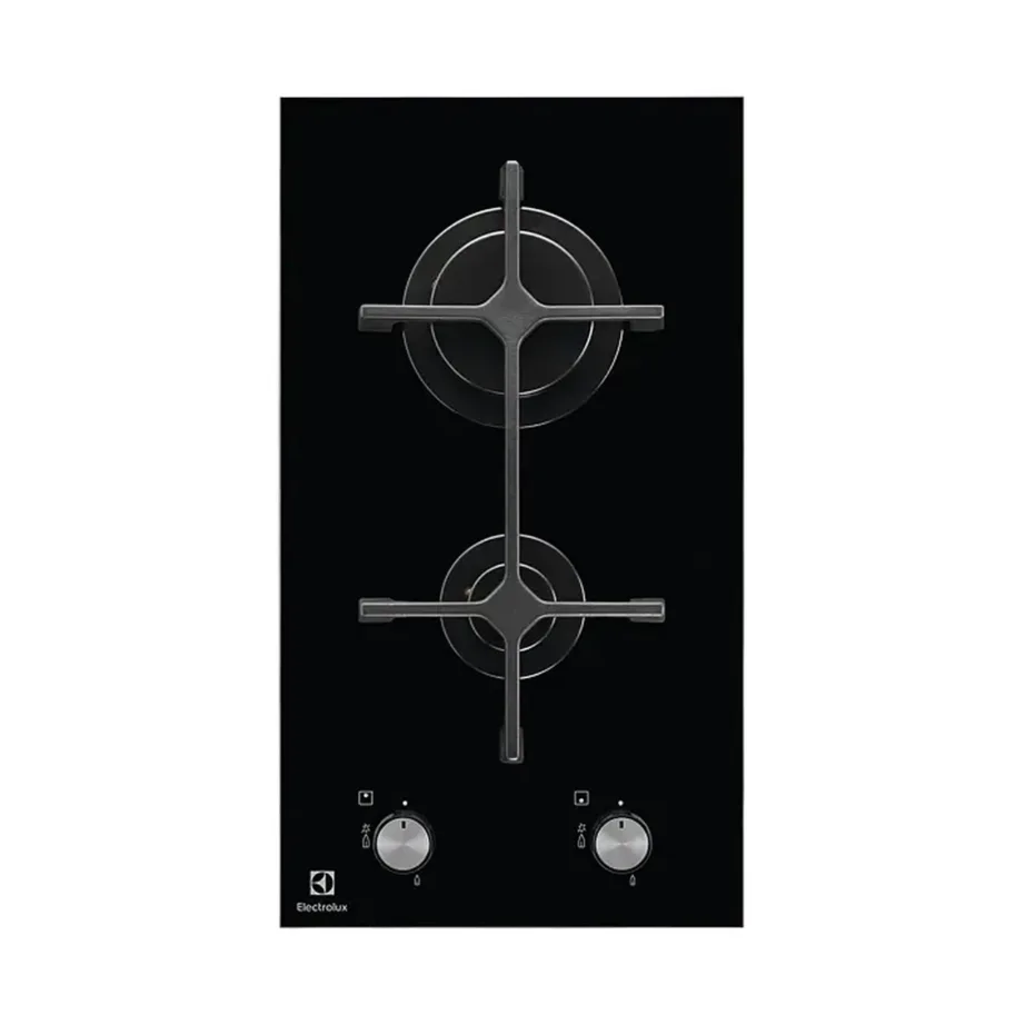 2-põletiga gaasipliidiplaat karastatud klaasiga ELECTROLUX EGC3322NVK, 30 cm, must, automaatne süüde, malmist pannirestid, leekekaitse – 2
