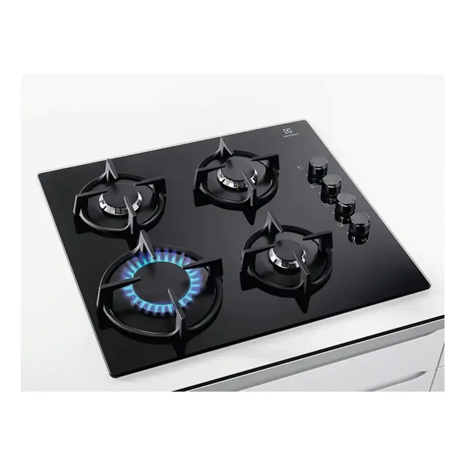 Gaasipliidiplaat karastatud klaasiga Electrolux KGG6407K, 60 cm, 4 keeduala, must, küljel nupud, vajutus-süüde, malmist potitoed, gaasilekke kaitse, LPG düüsid – 2