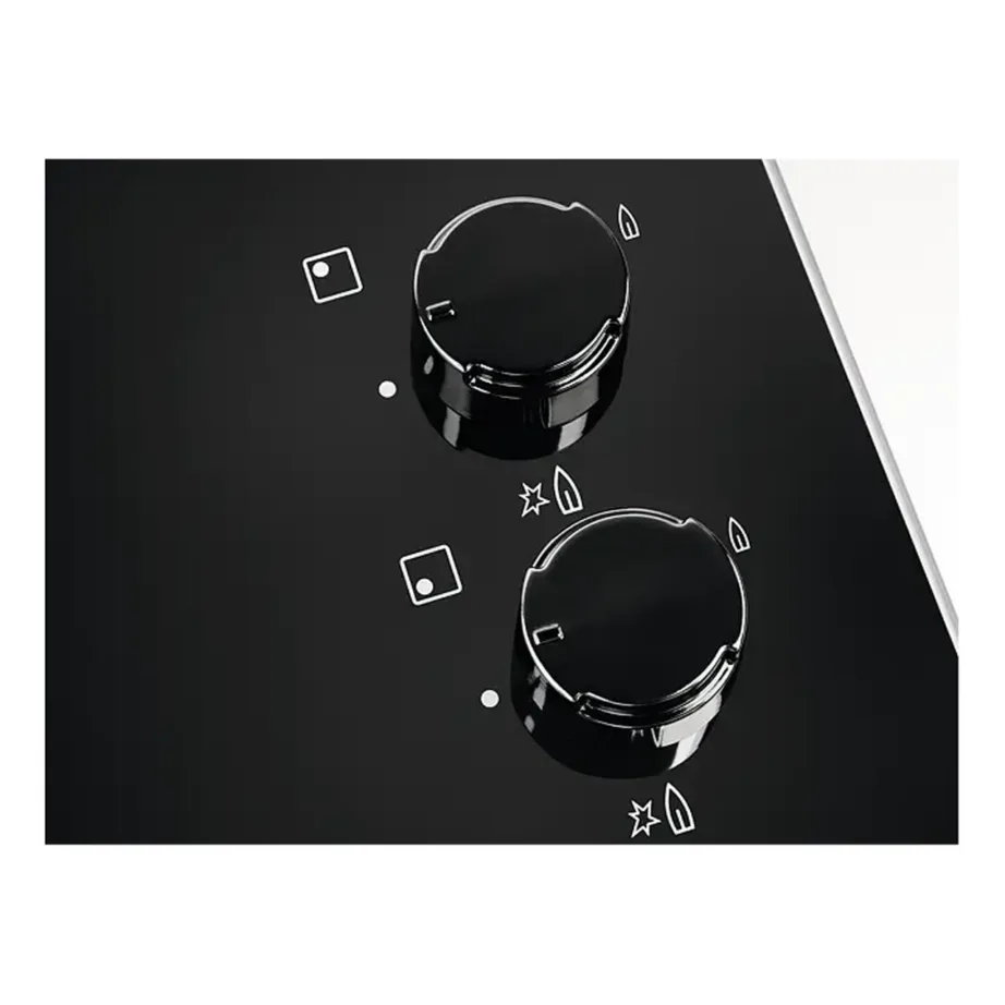 Gaasipliidiplaat karastatud klaasiga Electrolux KGG6407K, 60 cm, 4 keeduala, must, küljel nupud, vajutus-süüde, malmist potitoed, gaasilekke kaitse, LPG düüsid – 9