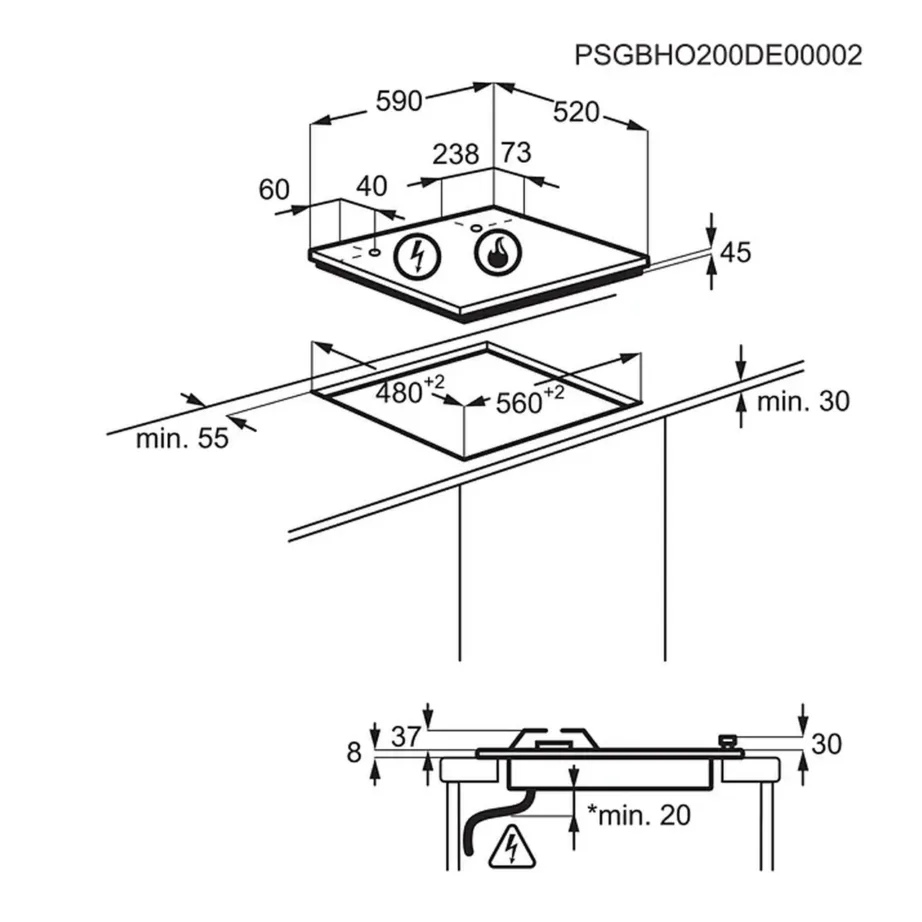 Integreeritav gaasipliidiplaat klaaspinnaga ELECTROLUX KGG6426K, 60 cm, 4 keeduala, 8000 W, must, malmist potitoed, pealtpaigaldus – 7
