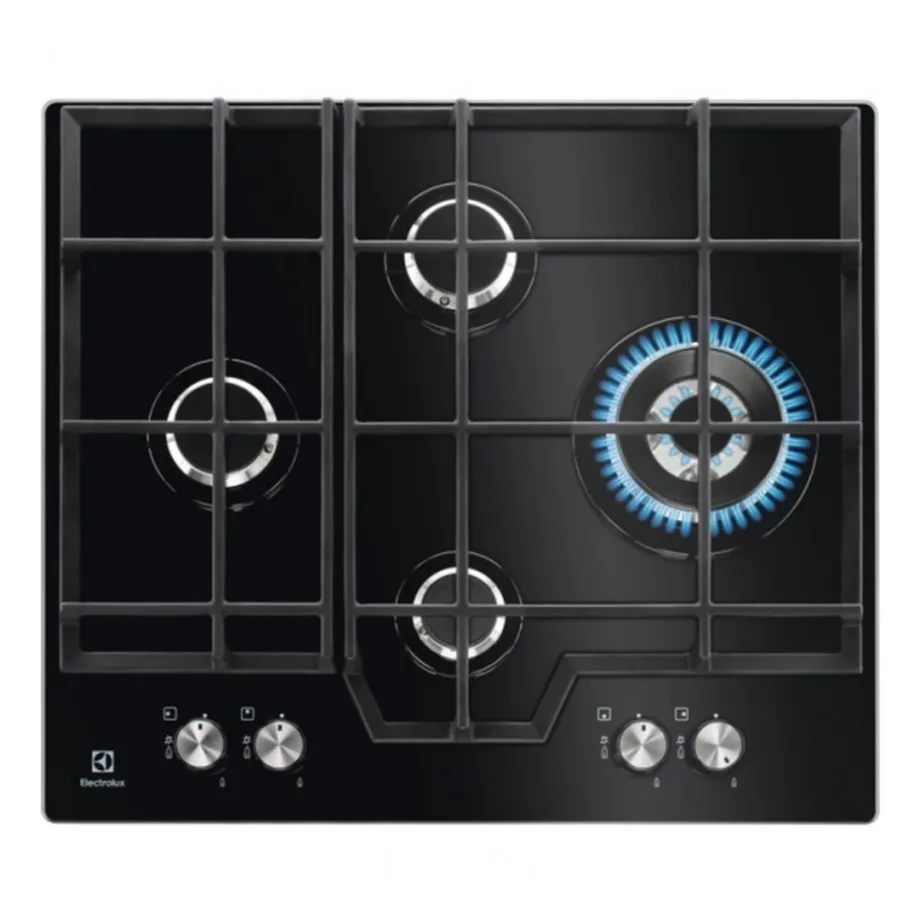 Gaasipliidiplaat karastatud klaaspinnaga ELECTROLUX KGG6456K, 60 cm, 4 põletit, WOK-põleti, malmist pannitoed, must, elektrisüüde, 8900 W