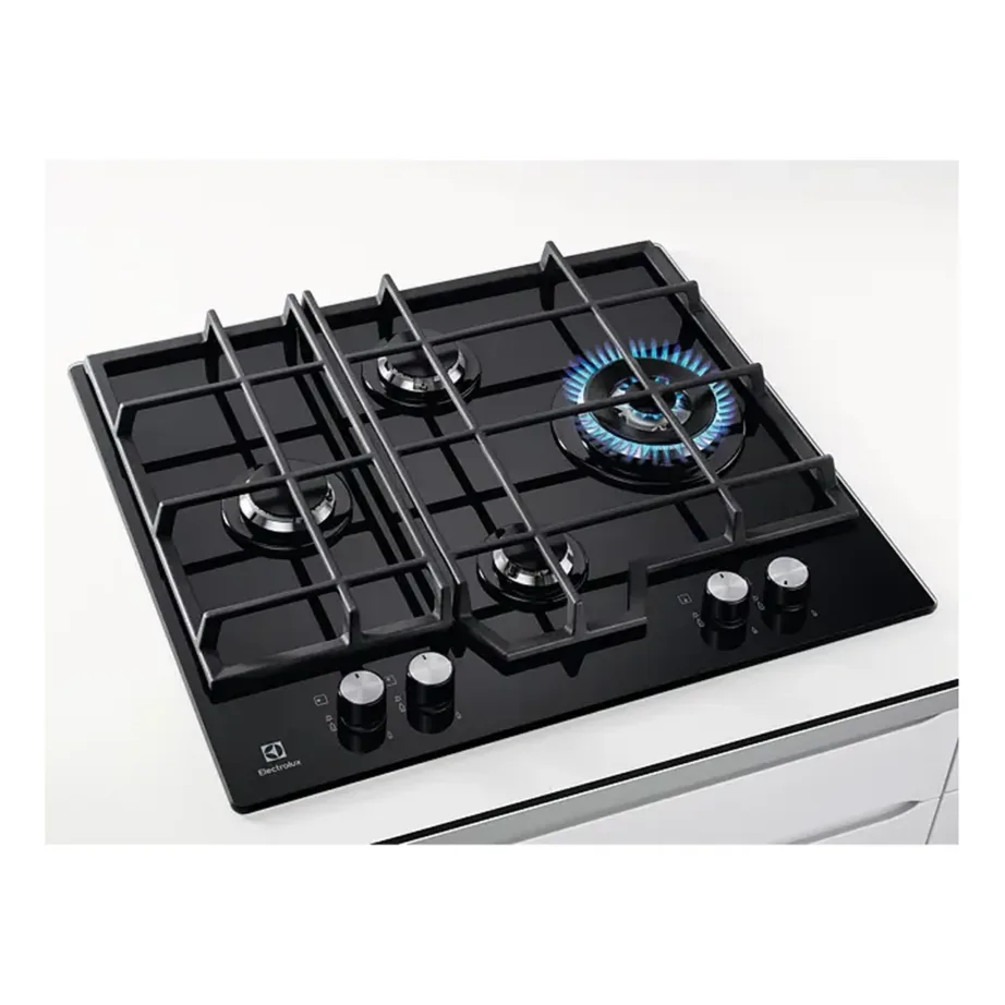Gaasipliidiplaat karastatud klaaspinnaga ELECTROLUX KGG6456K, 60 cm, 4 põletit, WOK-põleti, malmist pannitoed, must, elektrisüüde, 8900 W – 2