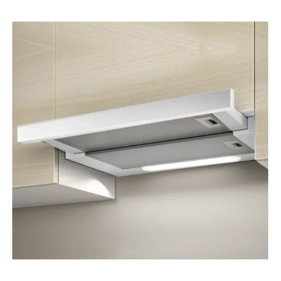 Integreeritav teleskoop-õhupuhasti LED-valgustusega Elica Elite 14 Lux WH/A/50, 50 cm, valge, mehaaniline juhtimine, 125–304 m3/h, 46–62 dB, D energiaklass, Ø120 mm väljatõmme