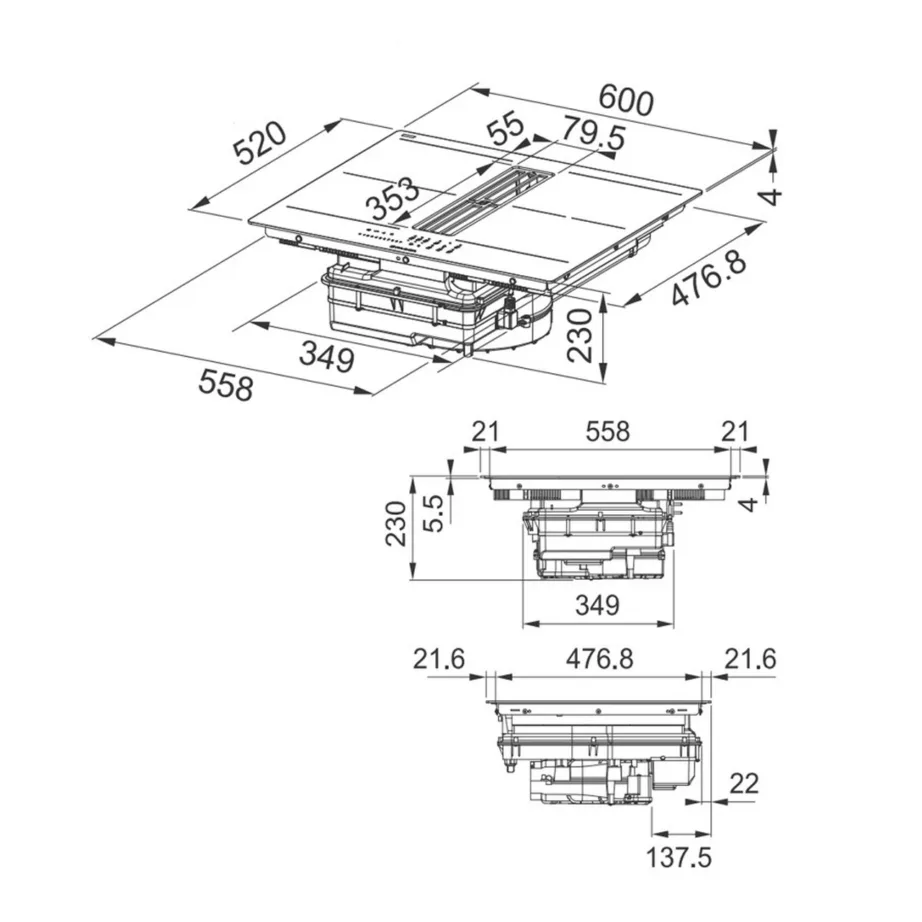 Induktsioonpliit sisseehitatud õhupuhastiga FABER GALILEO SLIM F600, 60 cm, 4 tsooni, 2x Bridge, 7400 W, A+ energiaklass, klaaskeraamika, must – 6