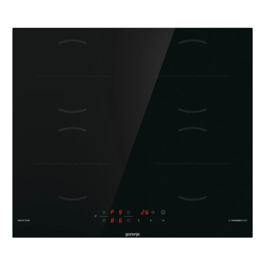 60 cm integreeritav induktsioonpliidiplaat Gorenje GI6401BSCE, 4 keeduvälja, 7 kW, must klaaskeraamika, puutetundlik juhtimine, taimer, lapselukk, jääksoojuse näidik, PowerBoost