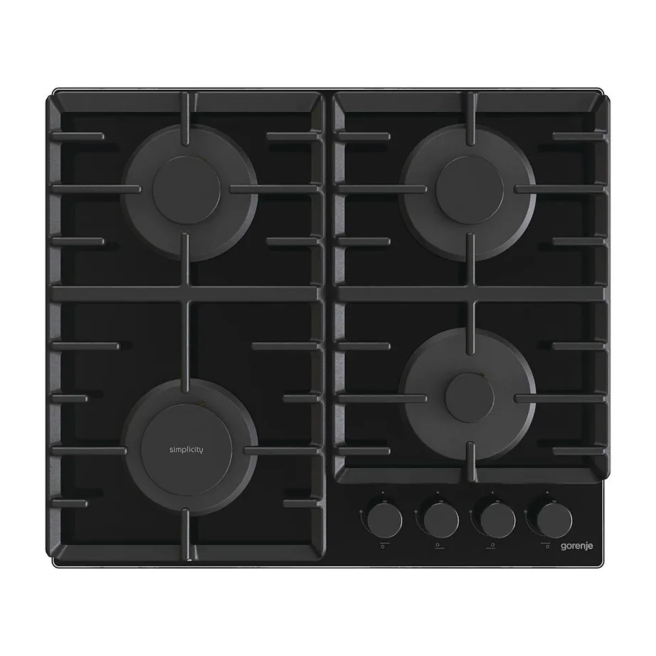 60 cm gaasipliidiplaat karastatud klaasil Gorenje GT642SYB, 4 keeduvälja, must, malmrestid, leekkaitse, balloonigaasile sobivad düüsid