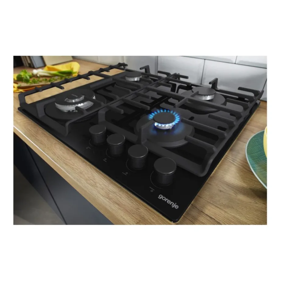 60 cm gaasipliidiplaat wok-põletiga Gorenje GTW642SYB, 4 keeduala, karastatud must klaas, malmist pannitoed, elektrisüütega nupud, gaasikontroll, sobib maagaasi ja vedelgaasiga – 3