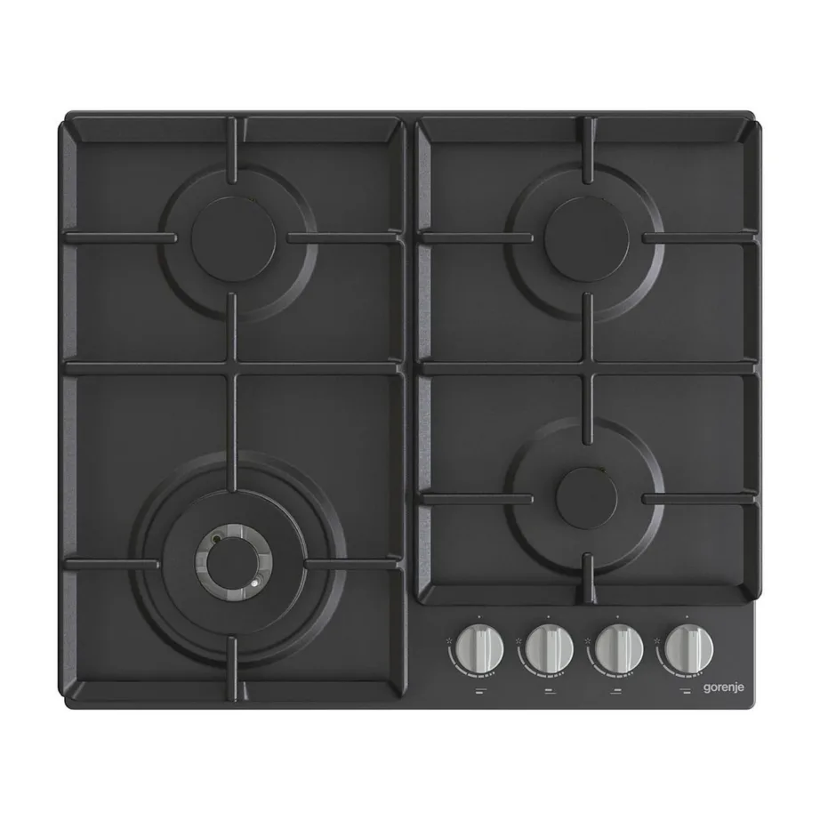 Integreeritav gaasipliidiplaat wok-põletiga Gorenje GW641EXB, 4 põletit, 60 cm, must teraspind, malmist pannirestid, nupust süüde, leekekaitse, LPG düüsid