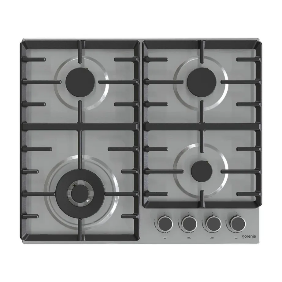 Integreeritav 60 cm gaasipliidiplaat WOK-põletiga GORENJE GW642ABX, 4 põletit, roostevaba teraspind, malmrestid, nupusüüde, leekvalvekaitse, LPG düüsid, hõbedane