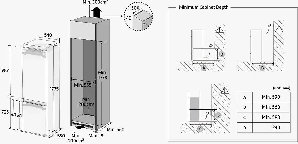 Joonis, mis aitab kontrollida integreeritava külmiku paigaldusava mõõte