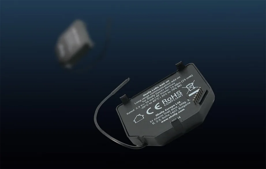 Shelly LoRaAdd-on EU868 pikamaa lisamoodulid (2 tk), kuni 5 km – ühilduv Gen3/Gen4 (1/1PM/2PM/EM/Dimmer/DALI), 3,3 V, must, 40 × 42 × 11 mm – 2