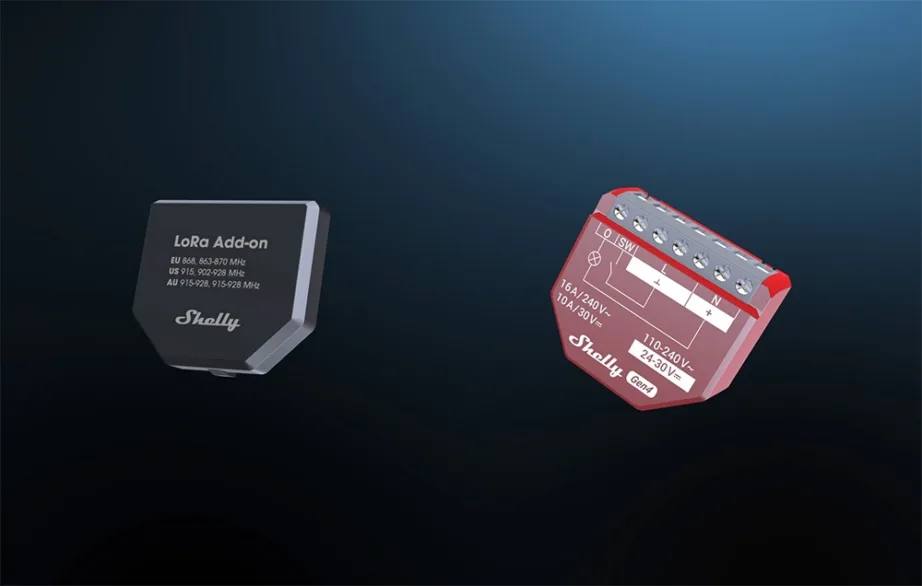 Shelly LoRaAdd-on EU868 pikamaa lisamoodulid (2 tk), kuni 5 km – ühilduv Gen3/Gen4 (1/1PM/2PM/EM/Dimmer/DALI), 3,3 V, must, 40 × 42 × 11 mm – 3