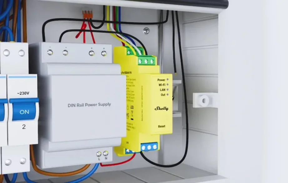 Shelly Pro RGBWW PM – 5‑kanaliline DIN‑siini LED‑riba kontroller energiaseirega (12–24 V DC, Ethernet, Wi‑Fi/Bluetooth, RGB+CCT, 6 A/kanal, 16 A kokku) – 4